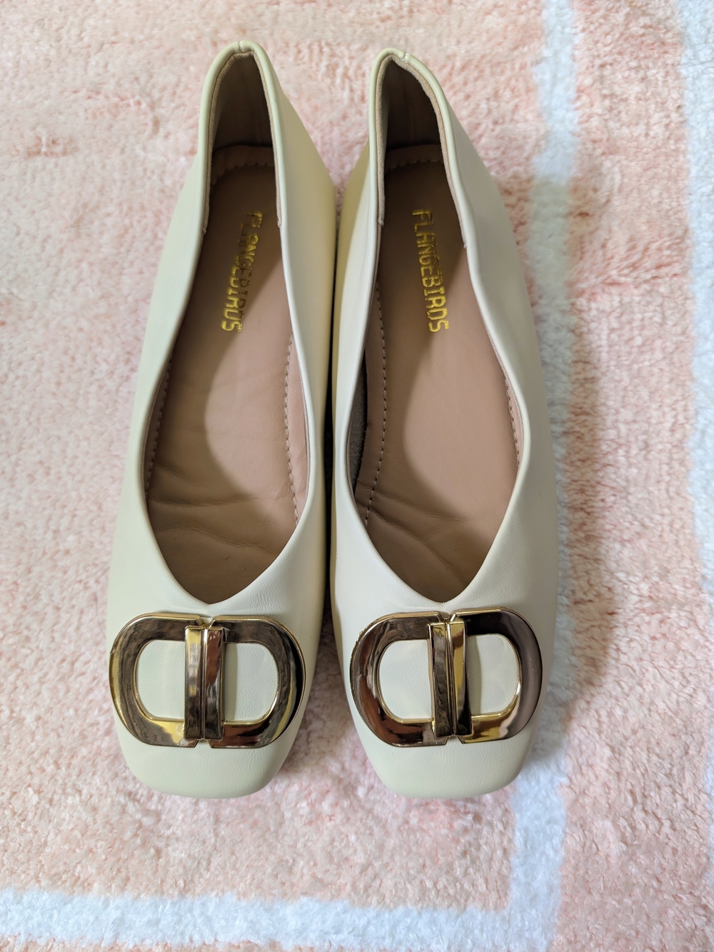 Cream Square‑Toe Ballet Flats with Gold Metal Buckle Slip‑On
